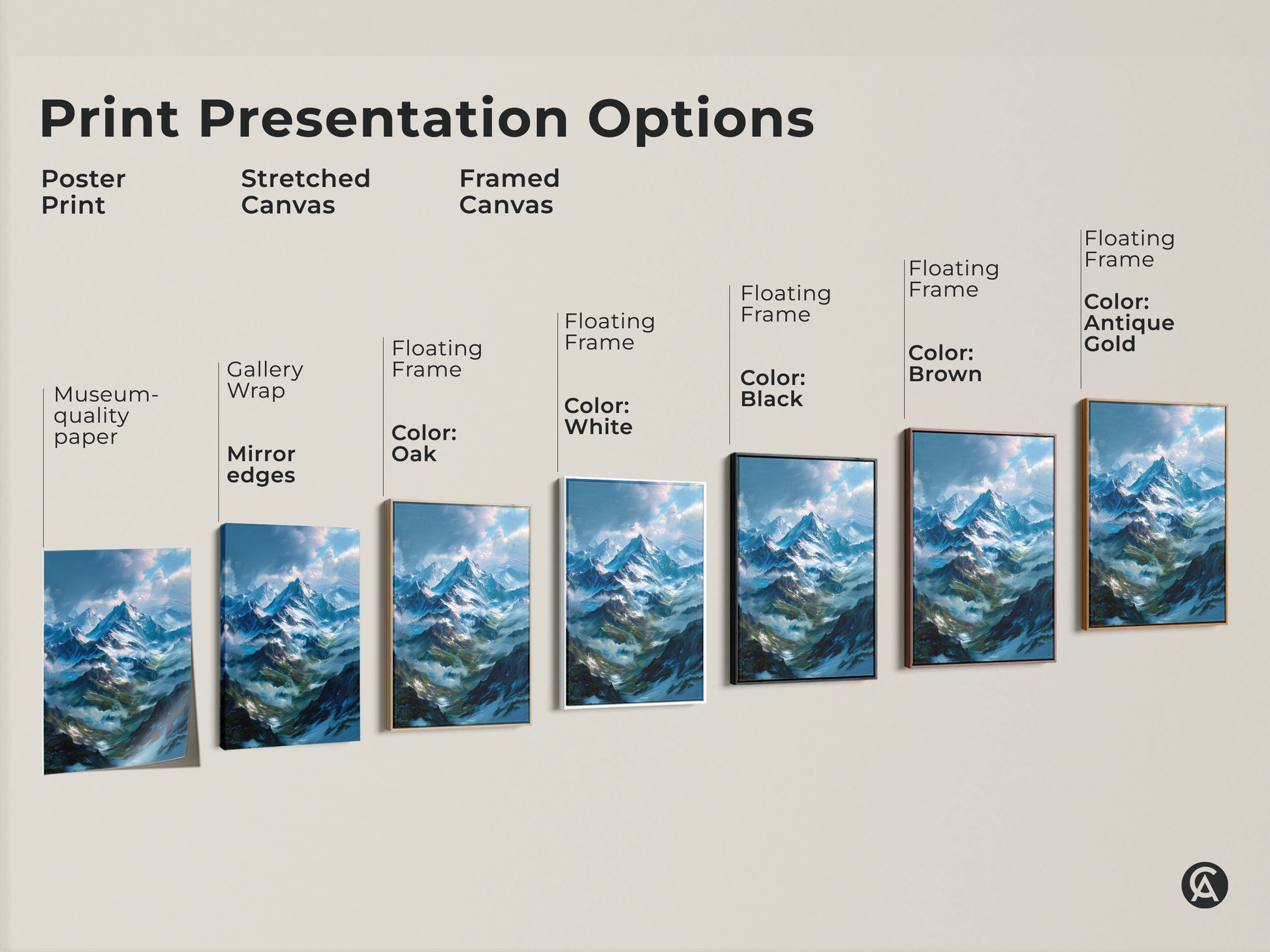 Explore print presentation options for mountain artwork. Choose from poster prints stretched canvas and framed canvas. Select a floating frame in oak white black brown or antique gold. Elevate your space today.