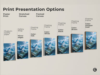 Explore print presentation options for mountain artwork. Choose from poster prints stretched canvas and framed canvas. Select a floating frame in oak white black brown or antique gold. Elevate your space today.