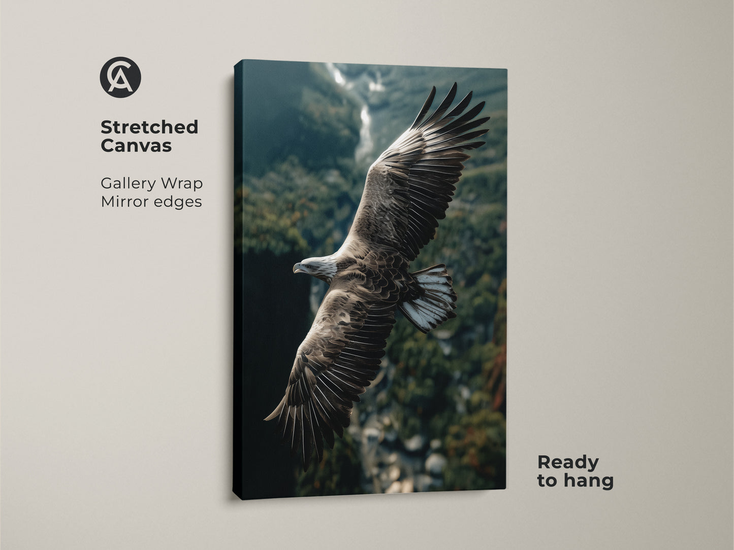 Stretched canvas print featuring an eagle in flight. Gallery wrap with mirror edges makes it ready to hang. Rustic nature decor brings the outdoors inside. Ideal for a bird watcher or wildlife photography enthusiast.