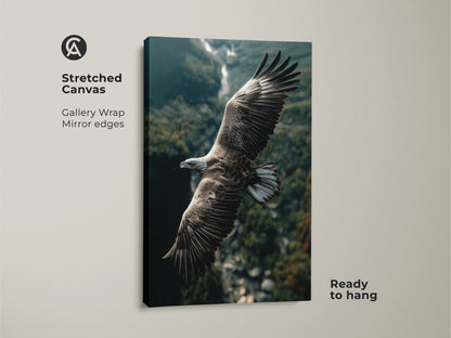 Stretched canvas print featuring an eagle in flight. Gallery wrap with mirror edges makes it ready to hang. Rustic nature decor brings the outdoors inside. Ideal for a bird watcher or wildlife photography enthusiast.
