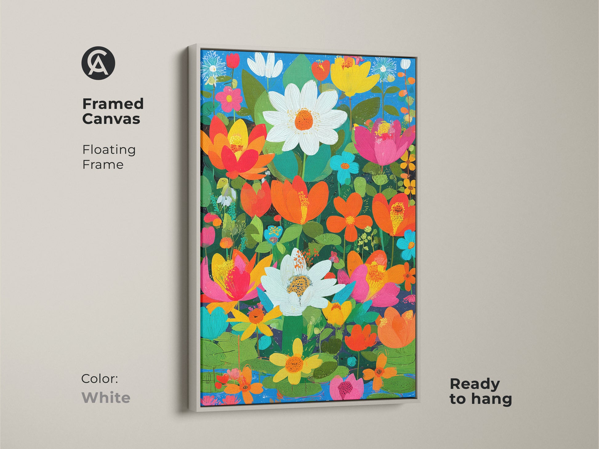 Framed canvas in a white floating frame. Boho floral wall art print. The artwork is orange pink and teal botanical art. A lotus daisy flower artwork is ready to hang.
