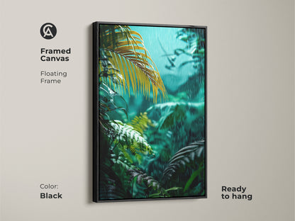 Black framed canvas of organic modern palm art. This framed rainforest print option is ready to hang. The emerald and teal tones bring a calming presence to any space. Perfect bedroom or living room art botanical.