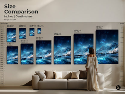 A size comparison of Starry Night Sky Over Mountain Lake prints. See how the artwork looks in different sizes above a couch. This will help you visualize this contemporary artwork in your living room.
