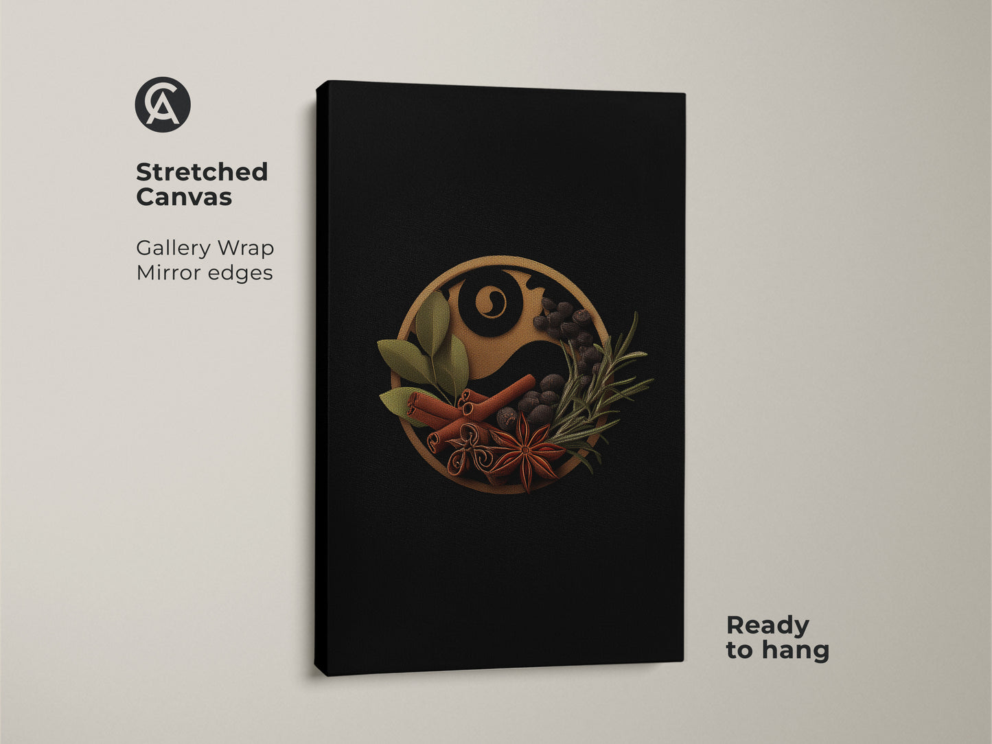 Stretched canvas of the spice Yin Yang art ready to hang. This minimalist kitchen wall art features culinary spices on a black background. It shows cinnamon star anise and other herbs in a balanced yin yang form. Ideal modern artwork for dining room decor.