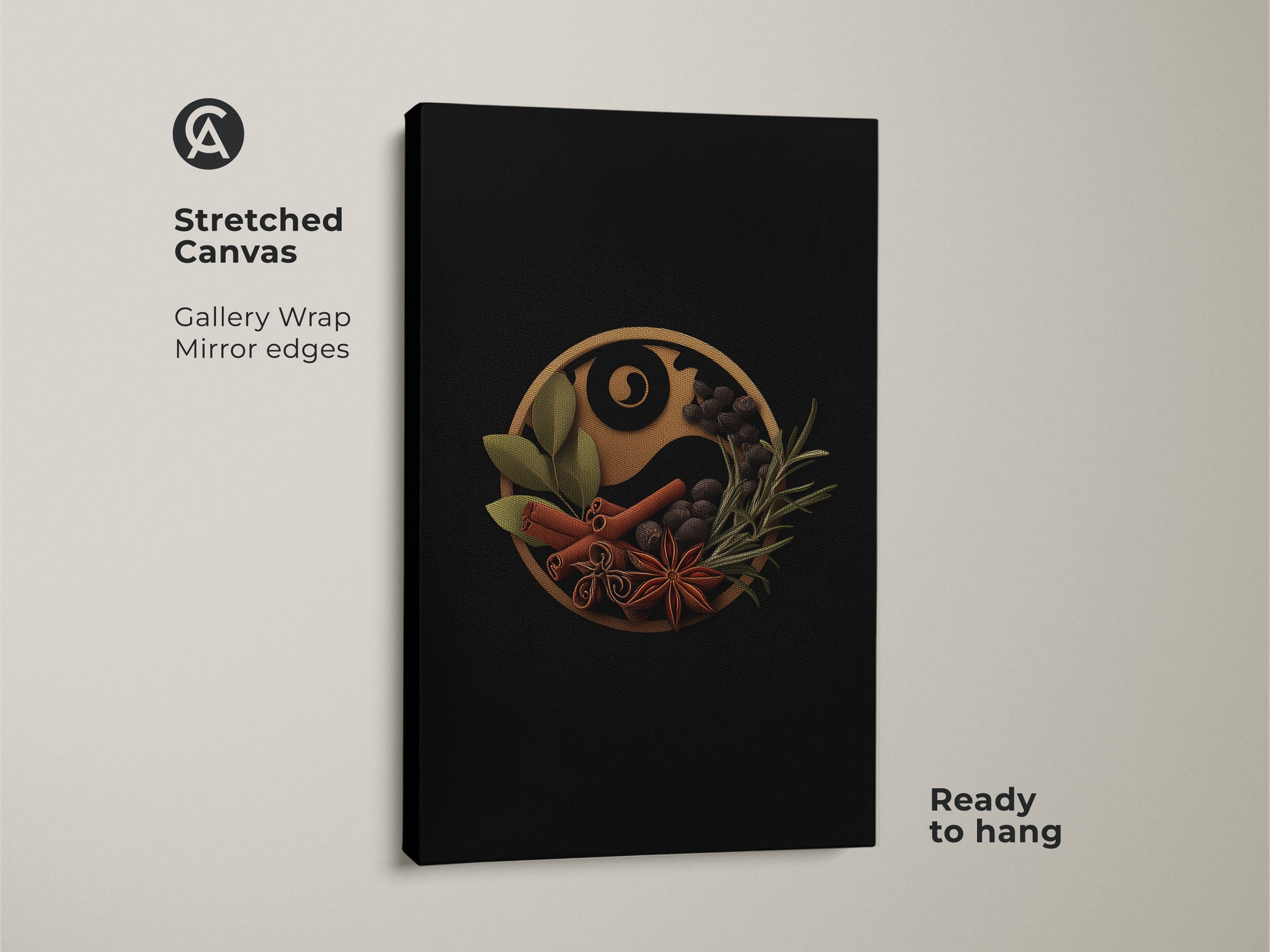 Stretched canvas of the spice Yin Yang art ready to hang. This minimalist kitchen wall art features culinary spices on a black background. It shows cinnamon star anise and other herbs in a balanced yin yang form. Ideal modern artwork for dining room decor.