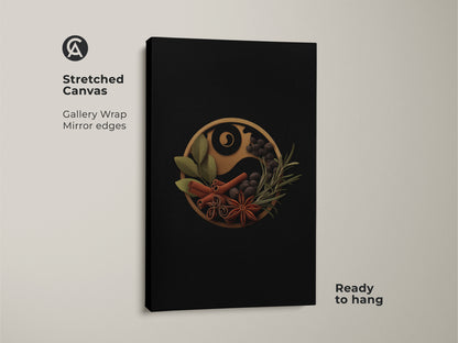Stretched canvas of the spice Yin Yang art ready to hang. This minimalist kitchen wall art features culinary spices on a black background. It shows cinnamon star anise and other herbs in a balanced yin yang form. Ideal modern artwork for dining room decor.