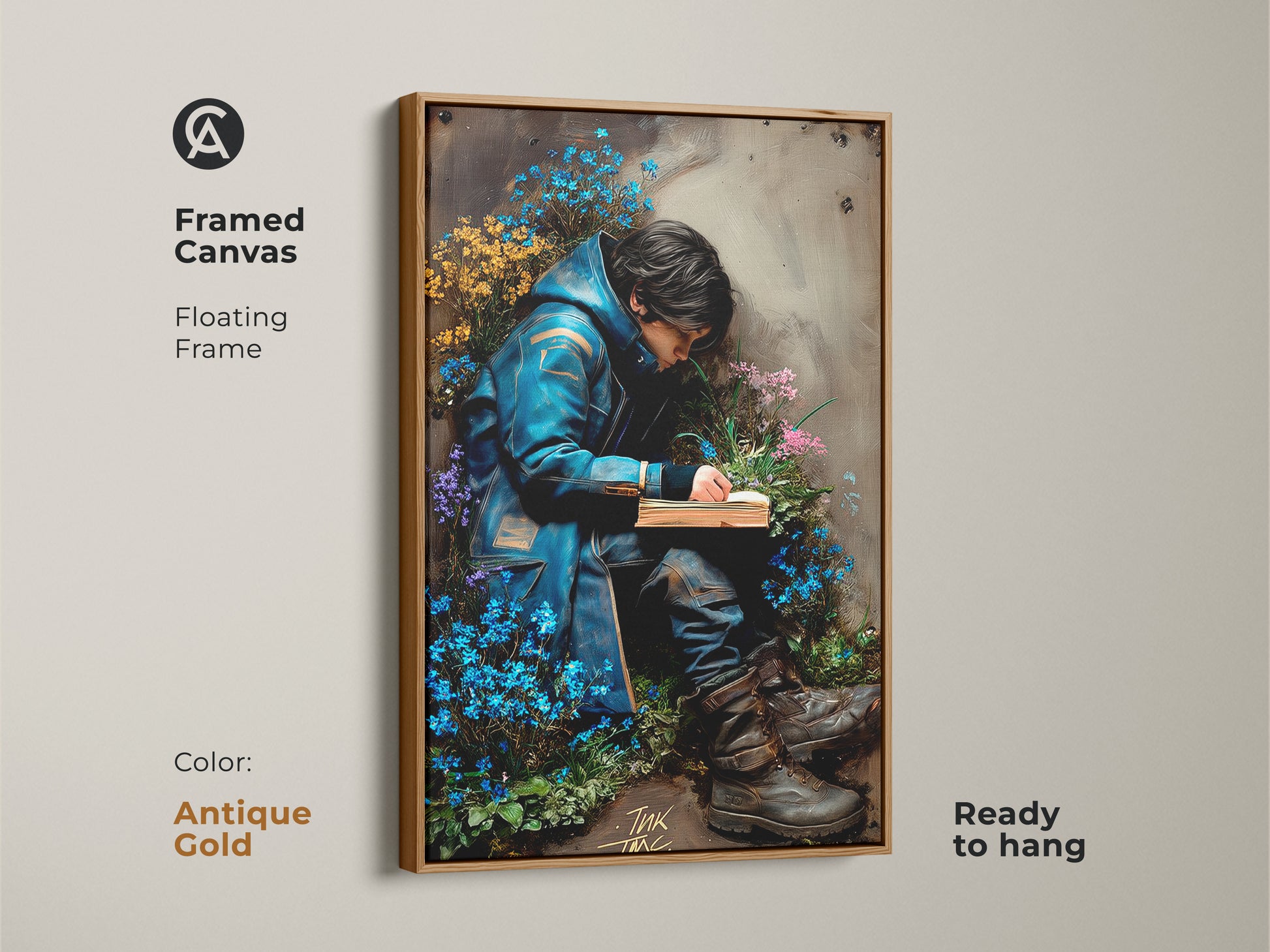 Framed canvas with a floating antique gold frame ready to hang. The art features a young man reading among forget-me-nots. This piece has dark academia charm. It's surreal and eclectic. It adds an intellectual mood to any space. The blue green tones are perfect for fine art lovers.