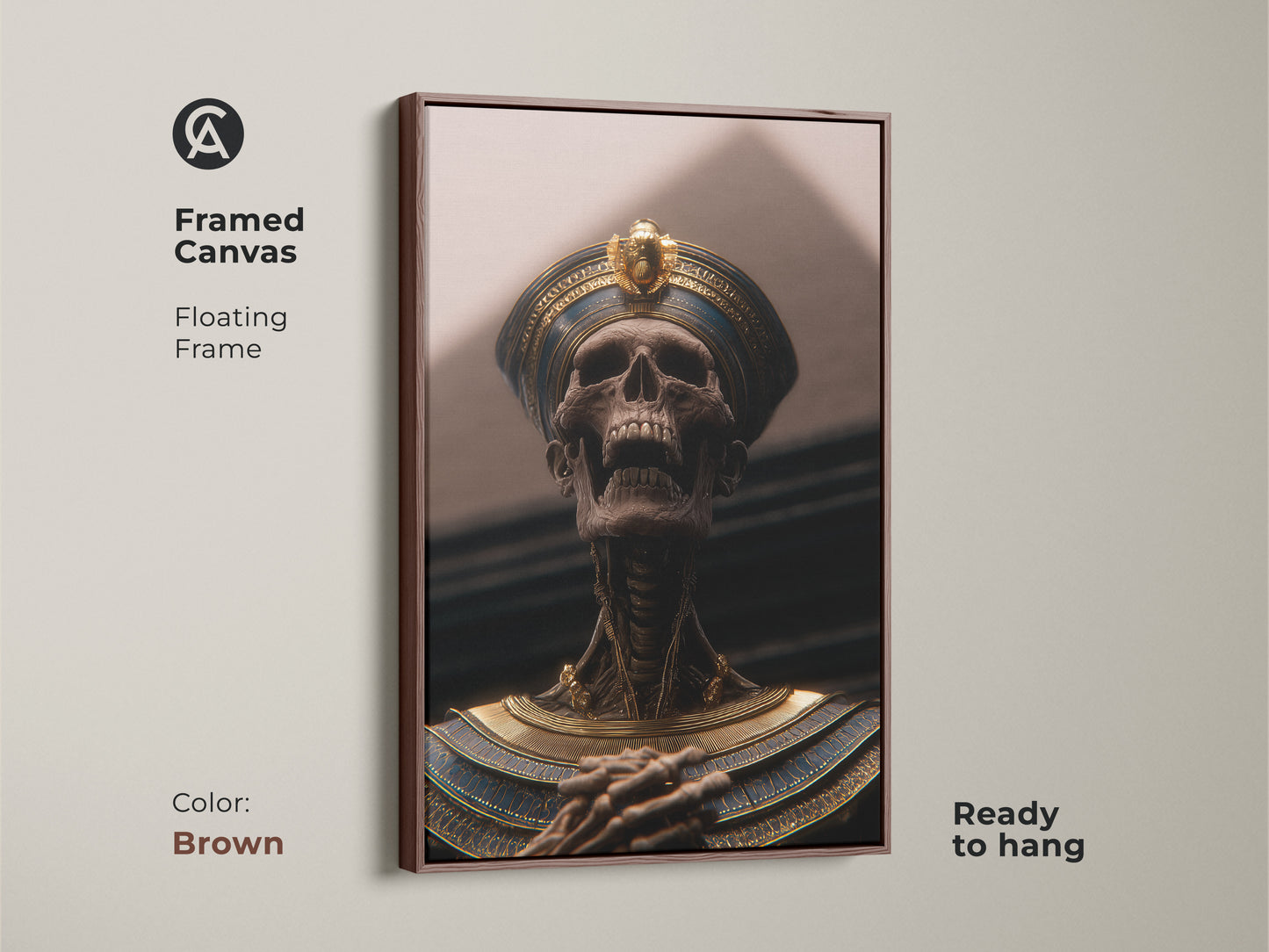 Brown framed canvas featuring a pharaoh skeleton. This ancient Egyptian mythology canvas blends Dark Academia with gold blue tones. The ready to hang artwork is ideal for study room or office decor. A pharaoh skull poster showcases an eclectic history artwork for your royal tomb wall art.