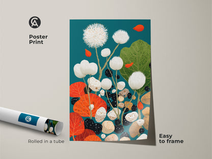 Rolled abstract botanical art poster print. This nature inspired artwork arrives easy to frame. The teal orange and white dandelion and pebble art brings contemporary nature art to any space.