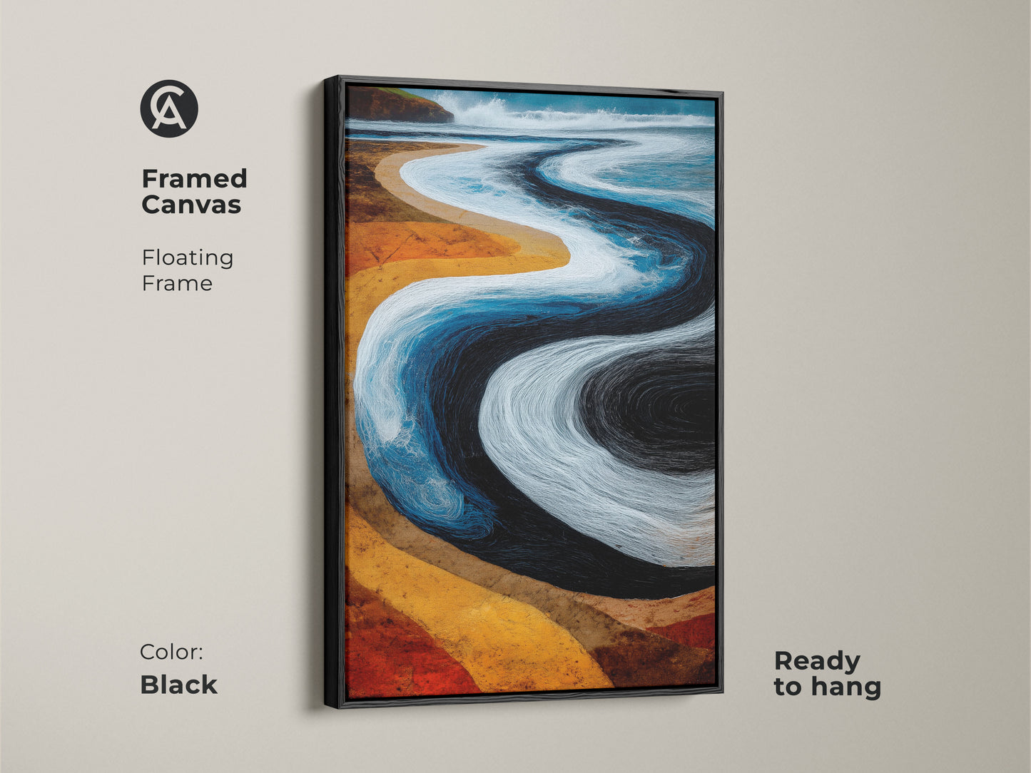 Black framed canvas of abstract ocean waves. Floating frame adds a modern touch. Ready to hang coastal home decor. Perfect artistic beach landscape print for any room. A unique housewarming gift.