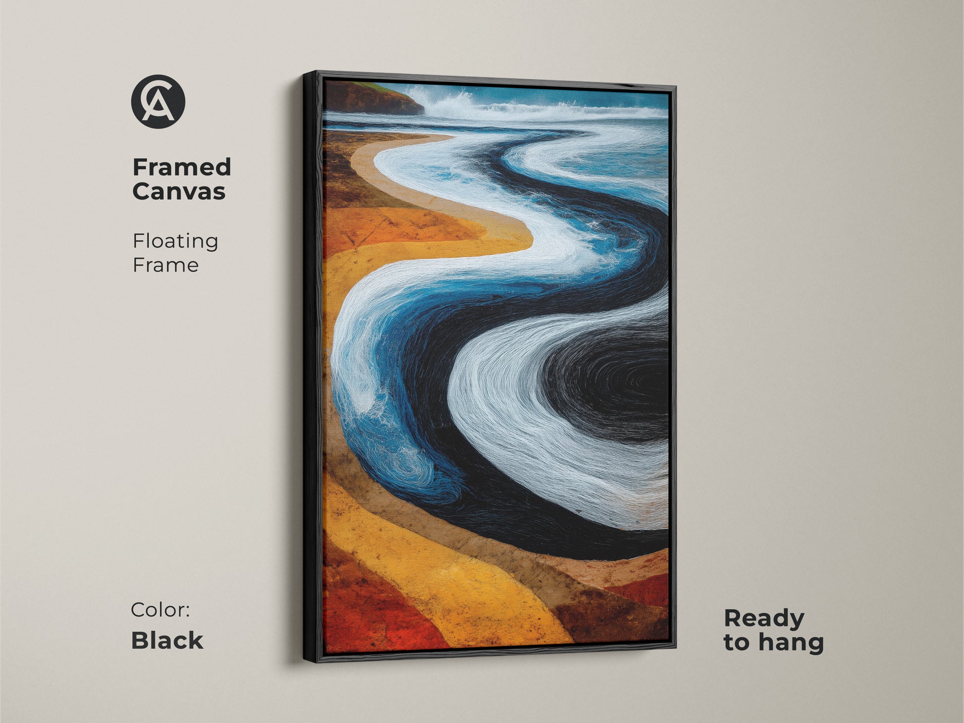 Black framed canvas of abstract ocean waves. Floating frame adds a modern touch. Ready to hang coastal home decor. Perfect artistic beach landscape print for any room. A unique housewarming gift.