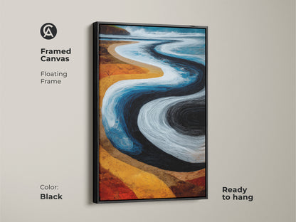 Black framed canvas of abstract ocean waves. Floating frame adds a modern touch. Ready to hang coastal home decor. Perfect artistic beach landscape print for any room. A unique housewarming gift.