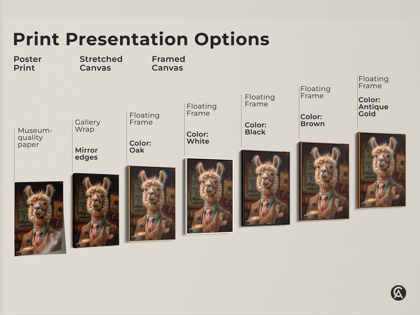 Print presentation options show Tan Beige Llama Portrait Art. Choose from poster print to stretched canvas. Framed canvas with floating frames offer varied aesthetics. Options include black brown antique gold and oak frames.