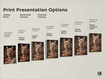 Print presentation options show Tan Beige Llama Portrait Art. Choose from poster print to stretched canvas. Framed canvas with floating frames offer varied aesthetics. Options include black brown antique gold and oak frames.