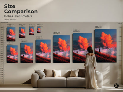 Size comparison of the surreal landscape art print. See how different sizes impact a room. The lone figure and fiery orange cloudscape create a dramatic focal point. Choose the perfect size for your space from small to extra-large canvas or poster prints.