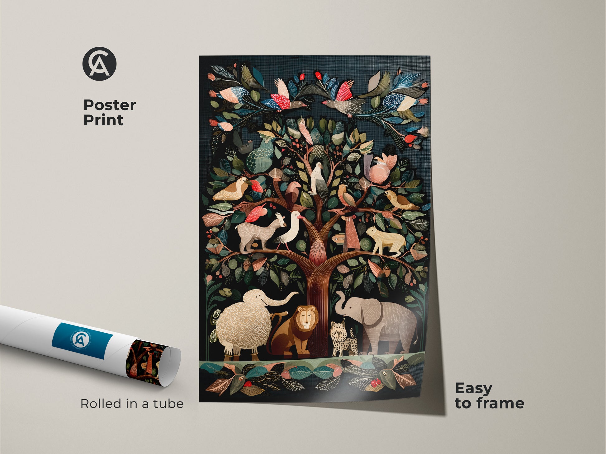 Poster print featuring a Folk Art Tree of Life with exotic birds and animals rolled in a tube. The deep teal rich brown and emerald green nature artwork is easy to frame. This artistic animal illustration is a perfect housewarming gift for him.
