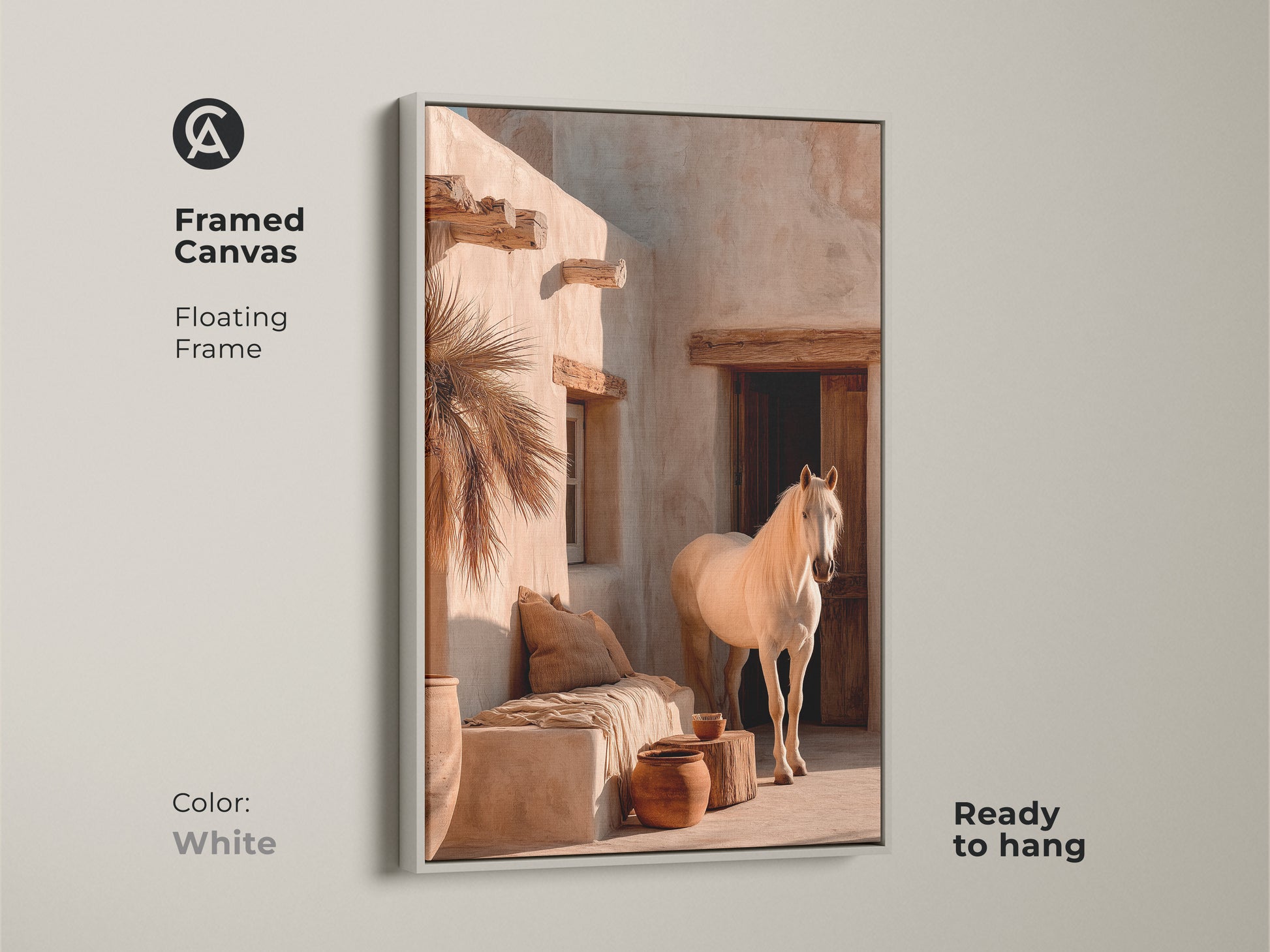 White framed canvas art of a white horse in a desert landscape. This neutral desert art piece complements any room decor. Ready to hang. Its realistic horse artwork brings tranquility to your space. Perfect as a gift for animal lovers or a stylish addition to your collection.