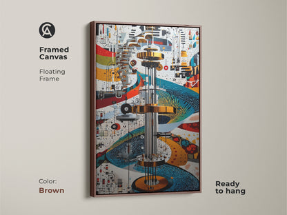 Mechanical Abstract wall art in a framed canvas. The brown floating frame complements the gold blue and red gears & circuits. The print enhances any room. A sophisticated engineer gift idea. Ready to hang.