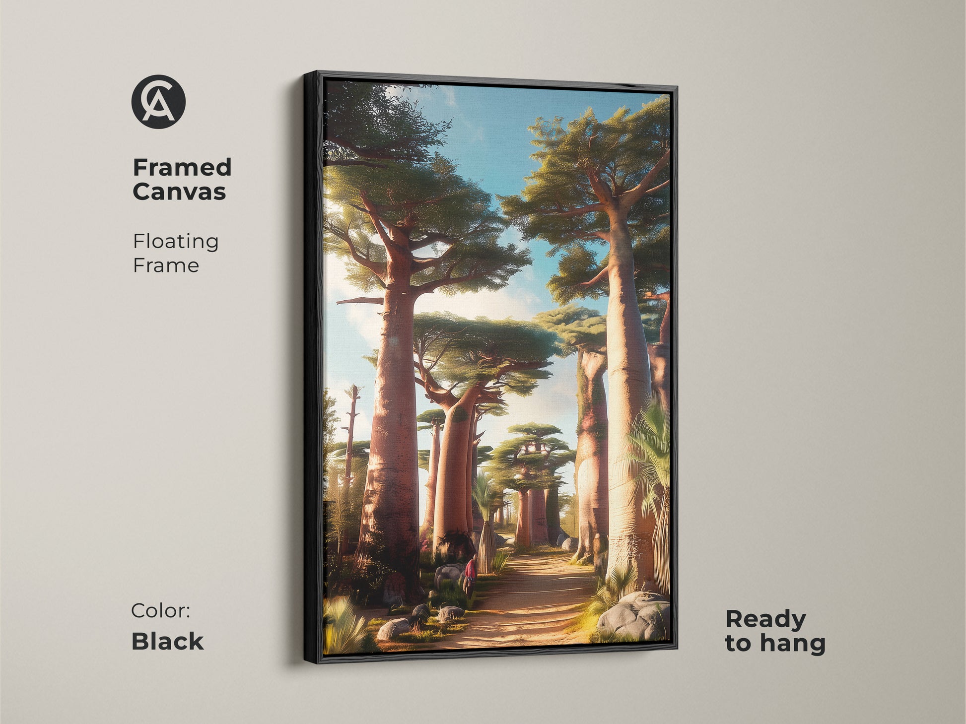 Black framed canvas features a boho baobab tree in an African savanna landscape. This earthy tones nature decor is ready to hang. The green blue sky art brings a serene touch. It's a perfect travel gift for botanical savanna wall art lovers.