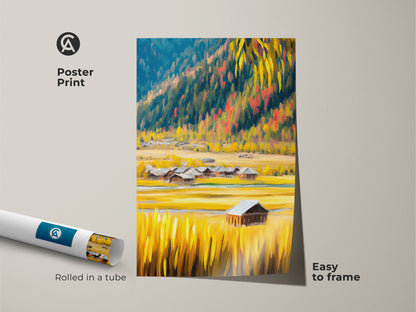 Poster print featuring a golden yellow and blue farmhouse landscape. Rolled in a tube this barn and mountain wall art is easy to frame. Ideal for adding rustic countryside art to any space. A perfect housewarming gift for those who appreciate textured nature prints and country home decor.