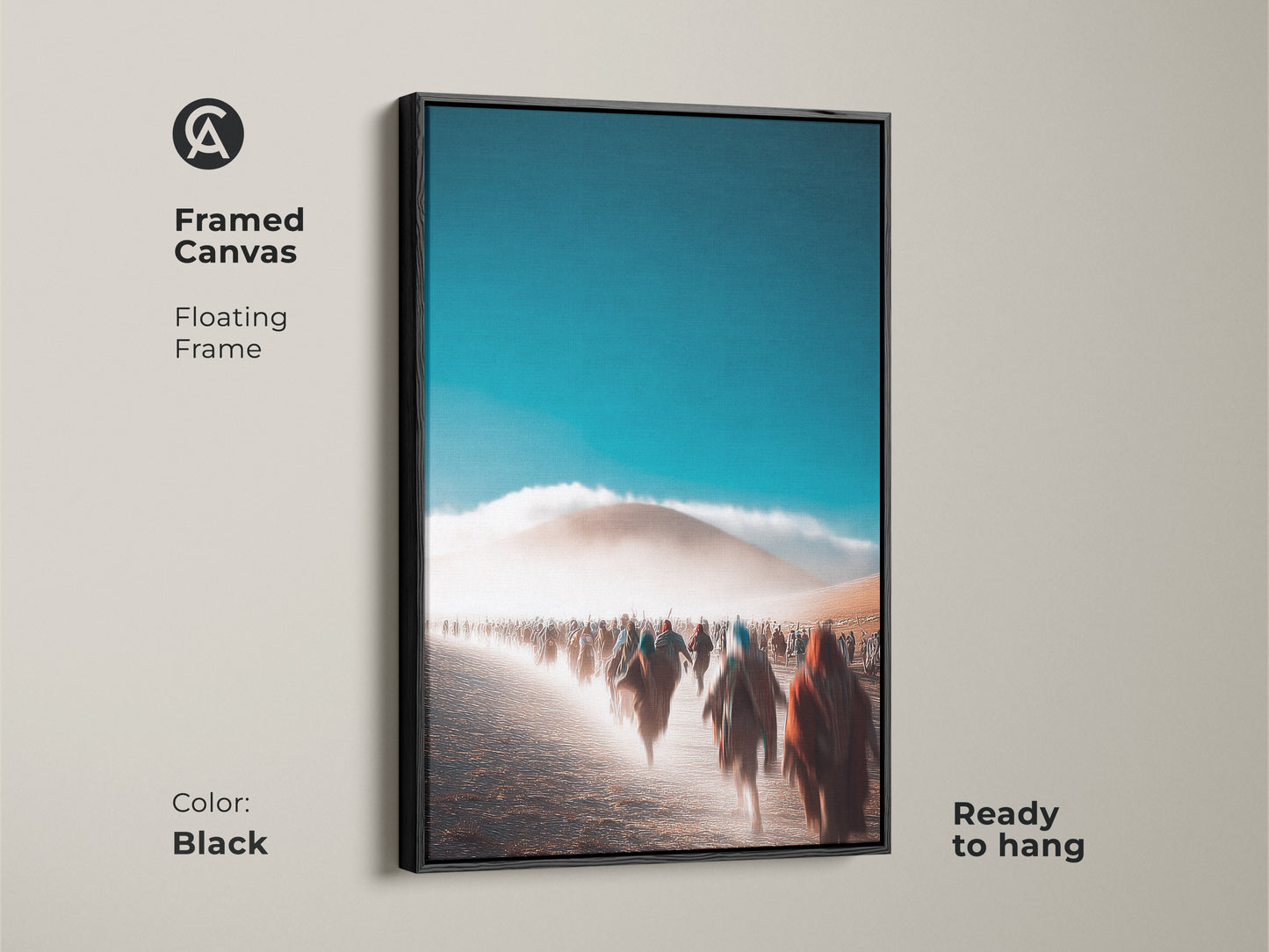 Framed canvas with a floating frame highlights this abstract desert artwork. Black frame offers a sleek modern aesthetic. The teal and orange tones create a captivating visual. Ready to hang for effortless installation. This contemporary home decor elevates any living room. Perfect for entry hall wall art.