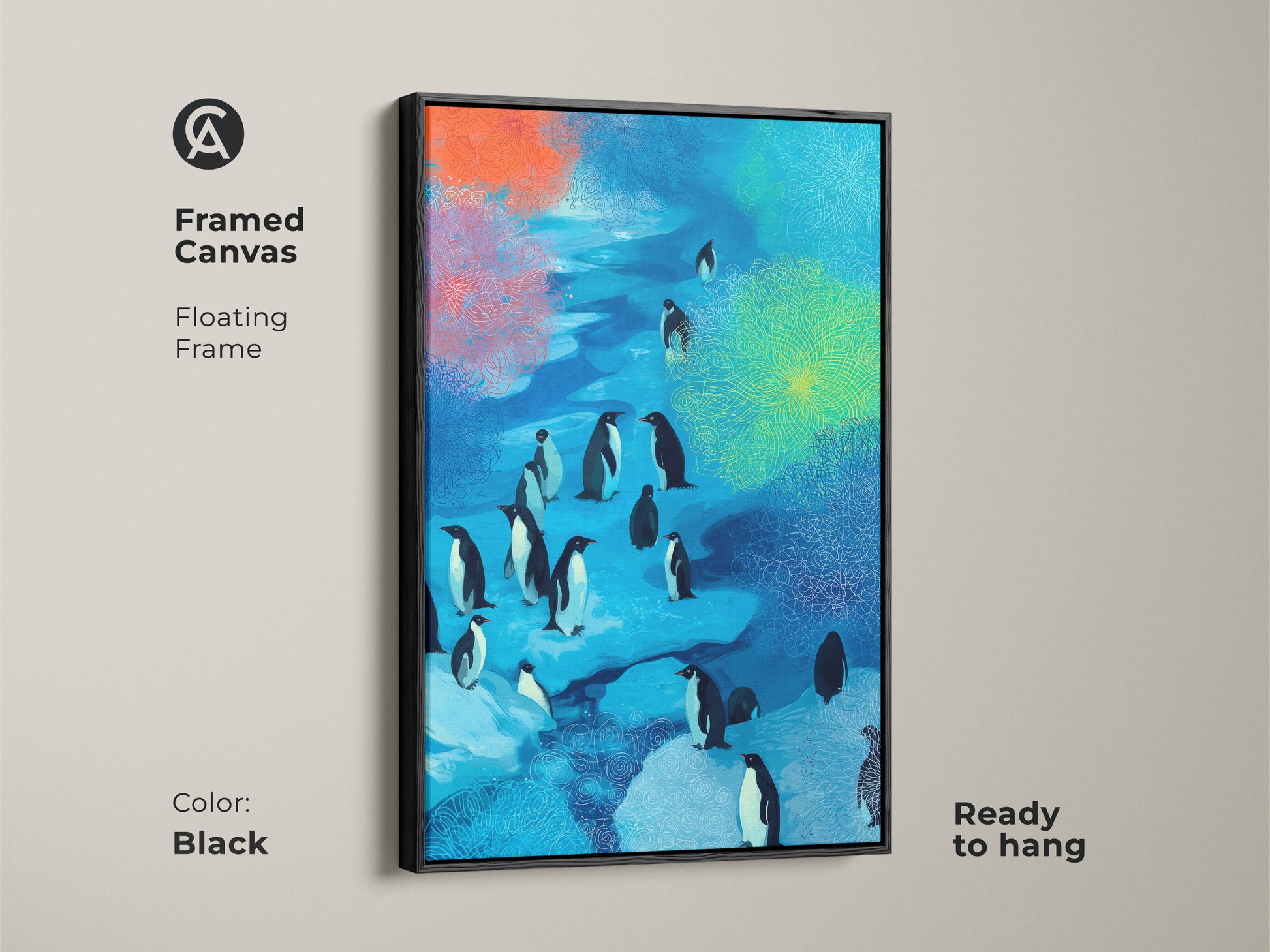 Framed Canvas features abstract penguins. A floating black frame is used. The ocean blue and teal artwork is ready to hang. A modern animal lover gift idea.