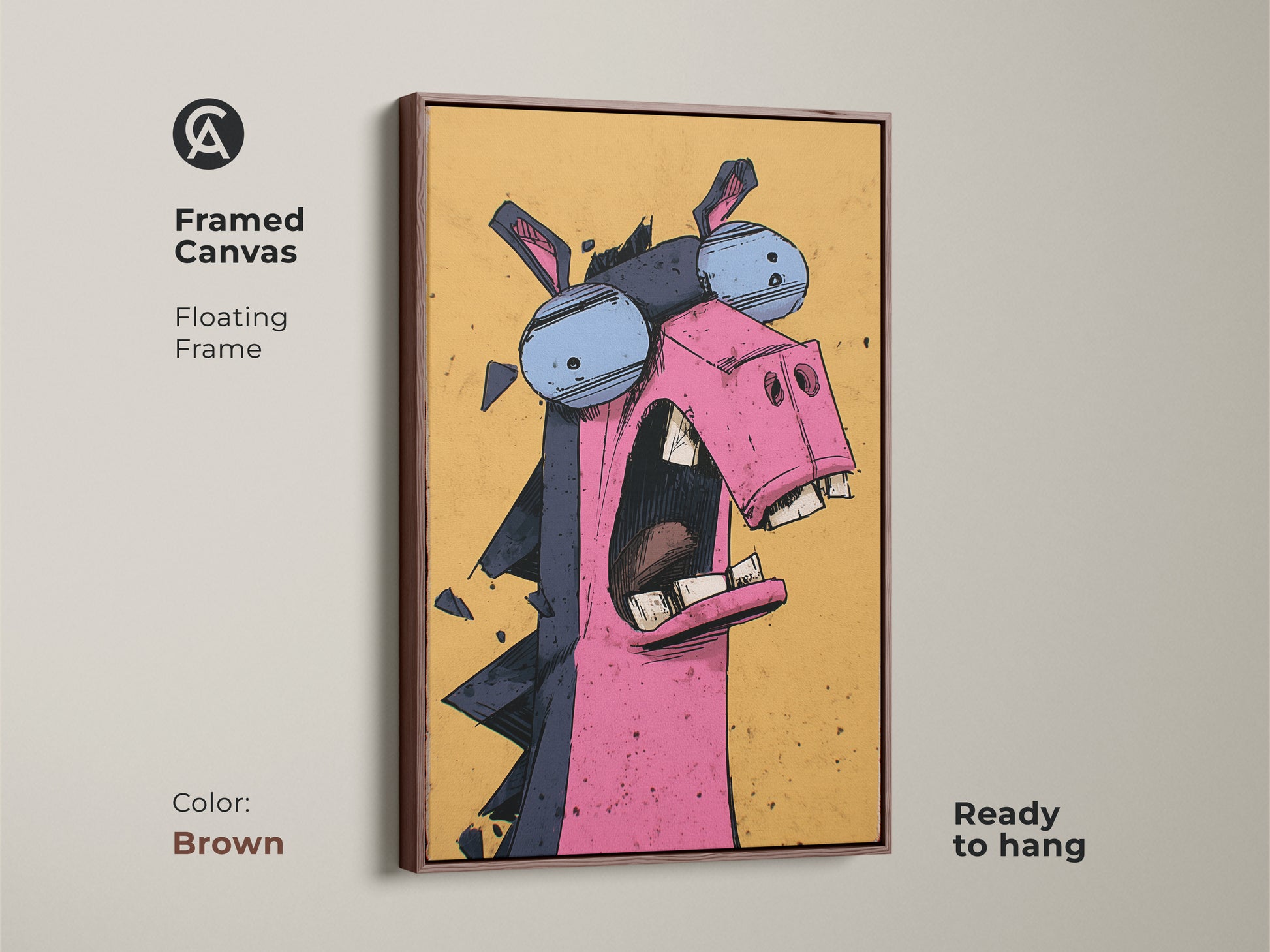 A brown framed canvas features expressive donkey artwork. The floating frame is ready to hang. This animal cartoon art brings eclectic charm to any room. It's a pink yellow blue art print perfect as a birthday gift for animal lovers.