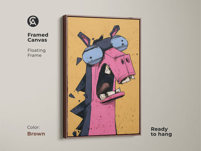 A brown framed canvas features expressive donkey artwork. The floating frame is ready to hang. This animal cartoon art brings eclectic charm to any room. It's a pink yellow blue art print perfect as a birthday gift for animal lovers.