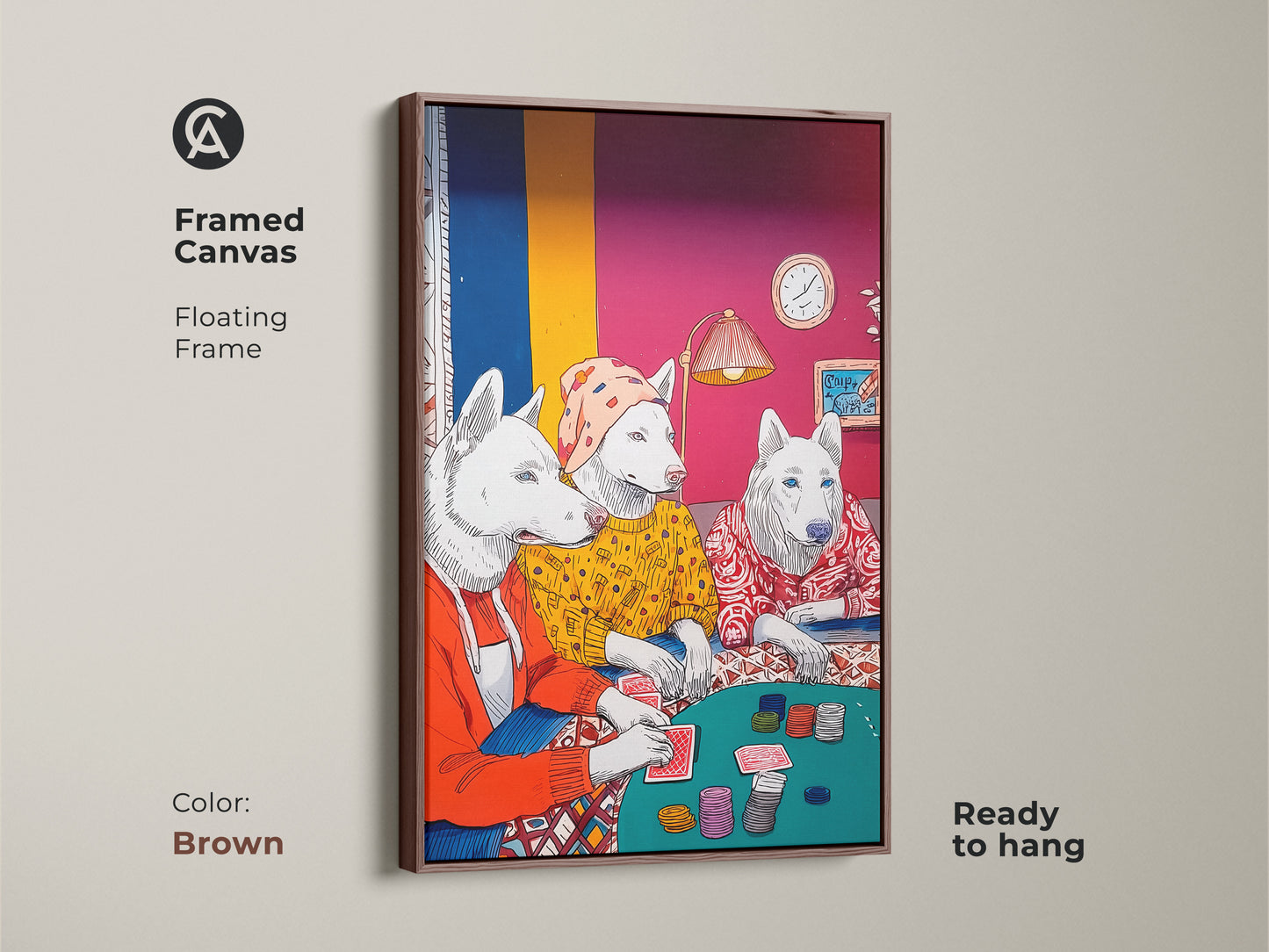 Framed canvas with poker playing dogs. A floating frame adds to the art's appeal and it is ready to hang. The brown frame enhances the artwork. The whimsical art suits eclectic home decor.