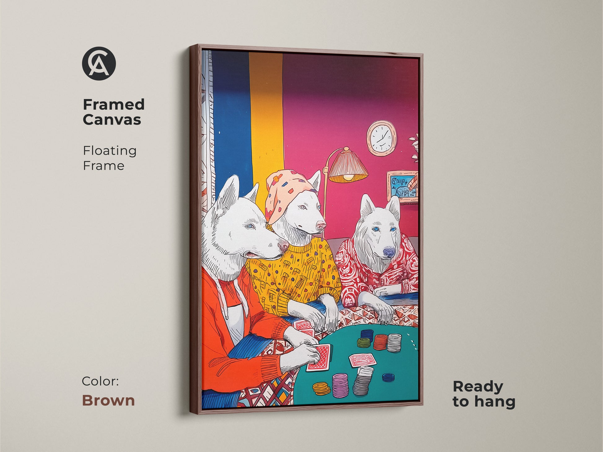 Framed canvas with poker playing dogs. A floating frame adds to the art's appeal and it is ready to hang. The brown frame enhances the artwork. The whimsical art suits eclectic home decor.