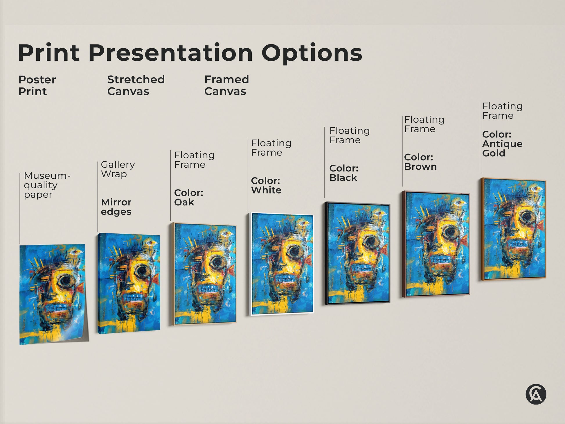 Explore our print presentation options for abstract face artwork. Choose from poster prints stretched canvases and framed canvases. Customize your art to match your style with various floating frame colors. Find the perfect option.