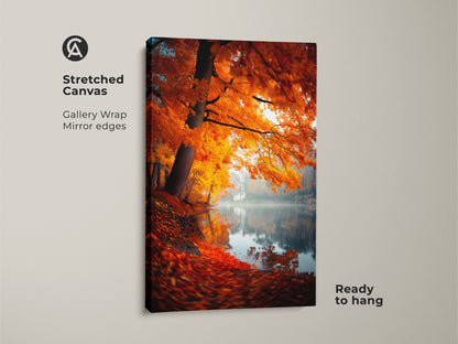 Stretched canvas print of a fall landscape. Golden leaves adorn the tree by the tranquil lake. This gallery-wrapped canvas art has mirrored edges and is ready to hang. Enhance your home decor with this autumn scene.