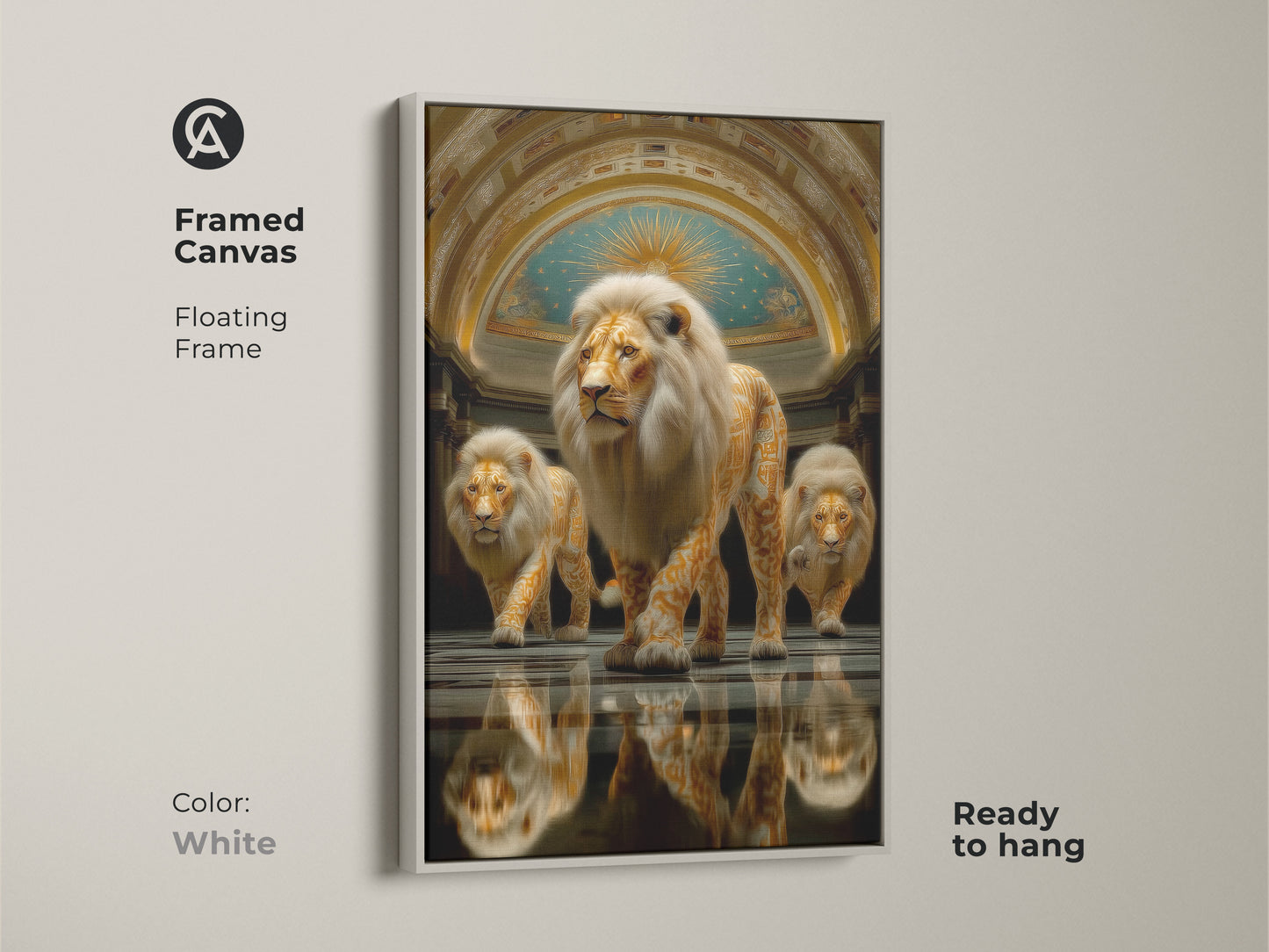 Admire the framed canvas with the abstract gold lion. Featuring a floating frame in white color this royalty animal art is ready to hang. This fine art animal print makes a unique office wall decor or a thoughtful housewarming gift.