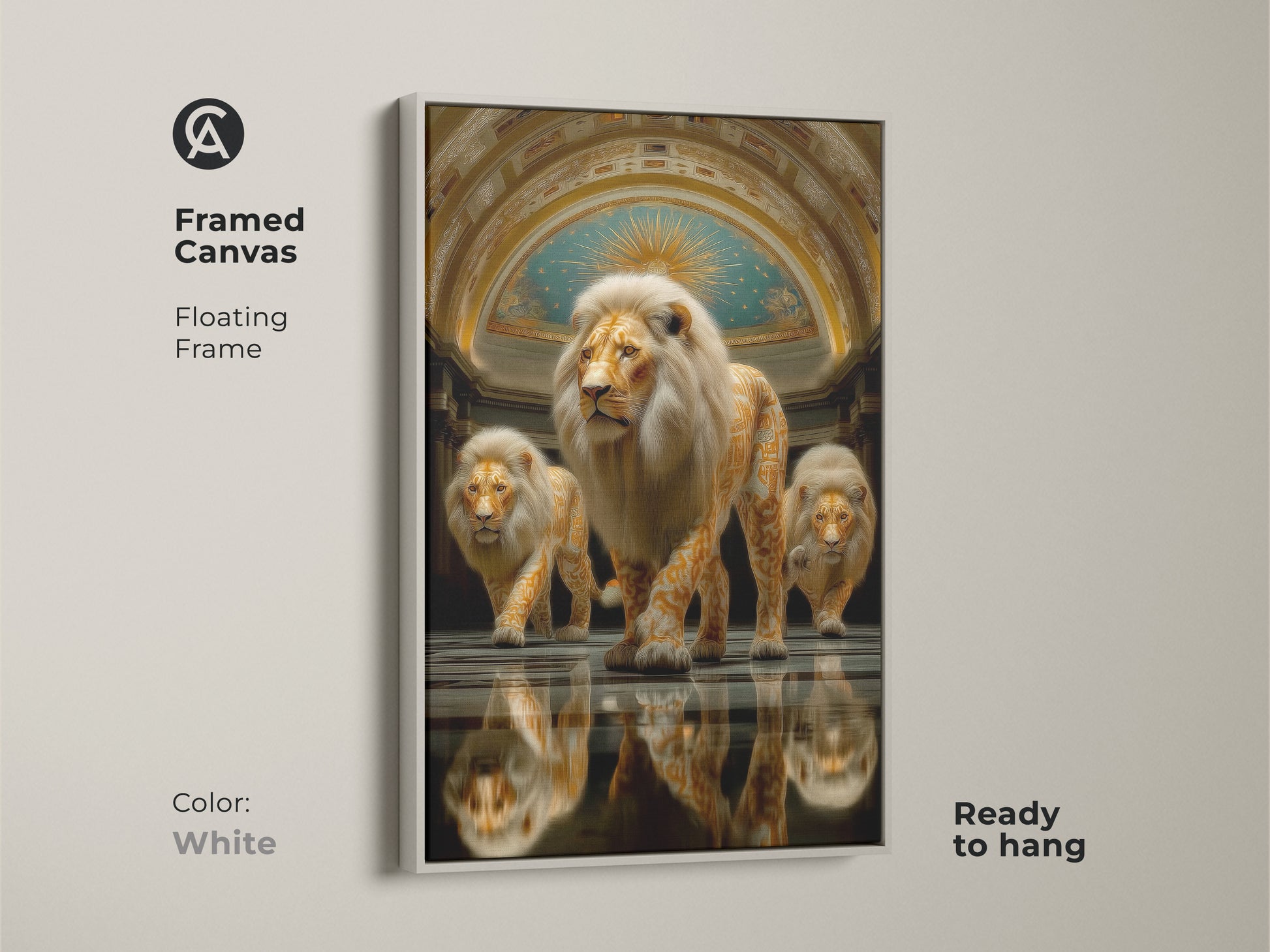 Admire the framed canvas with the abstract gold lion. Featuring a floating frame in white color this royalty animal art is ready to hang. This fine art animal print makes a unique office wall decor or a thoughtful housewarming gift.
