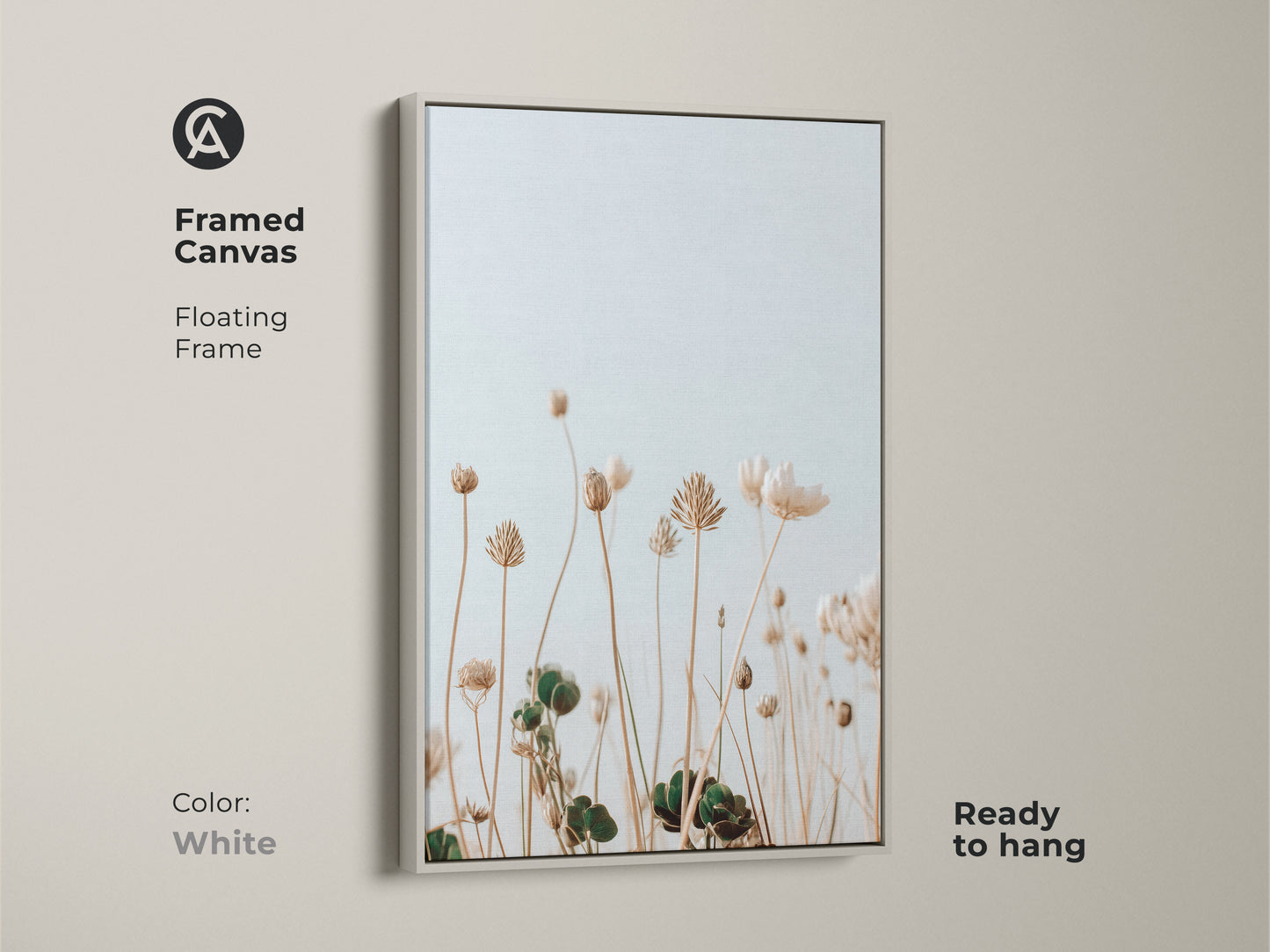 Framed canvas art featuring light blue and cream wildflowers. The white floating frame complements this minimalist botanical artwork. Perfect for adding a touch of nature to your bedroom decor. It is ready to hang. Ideal for plant lovers seeking a neutral boho art piece for their home.