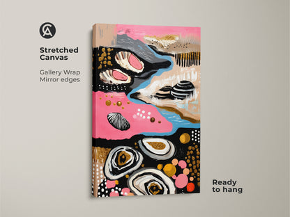 Close-up of the Abstract Coastal Canvas Wall Art. The pink blue and gold blend seamlessly offering a boho aesthetic. Stretched canvas ready to hang transforming dining or living room wall decor.