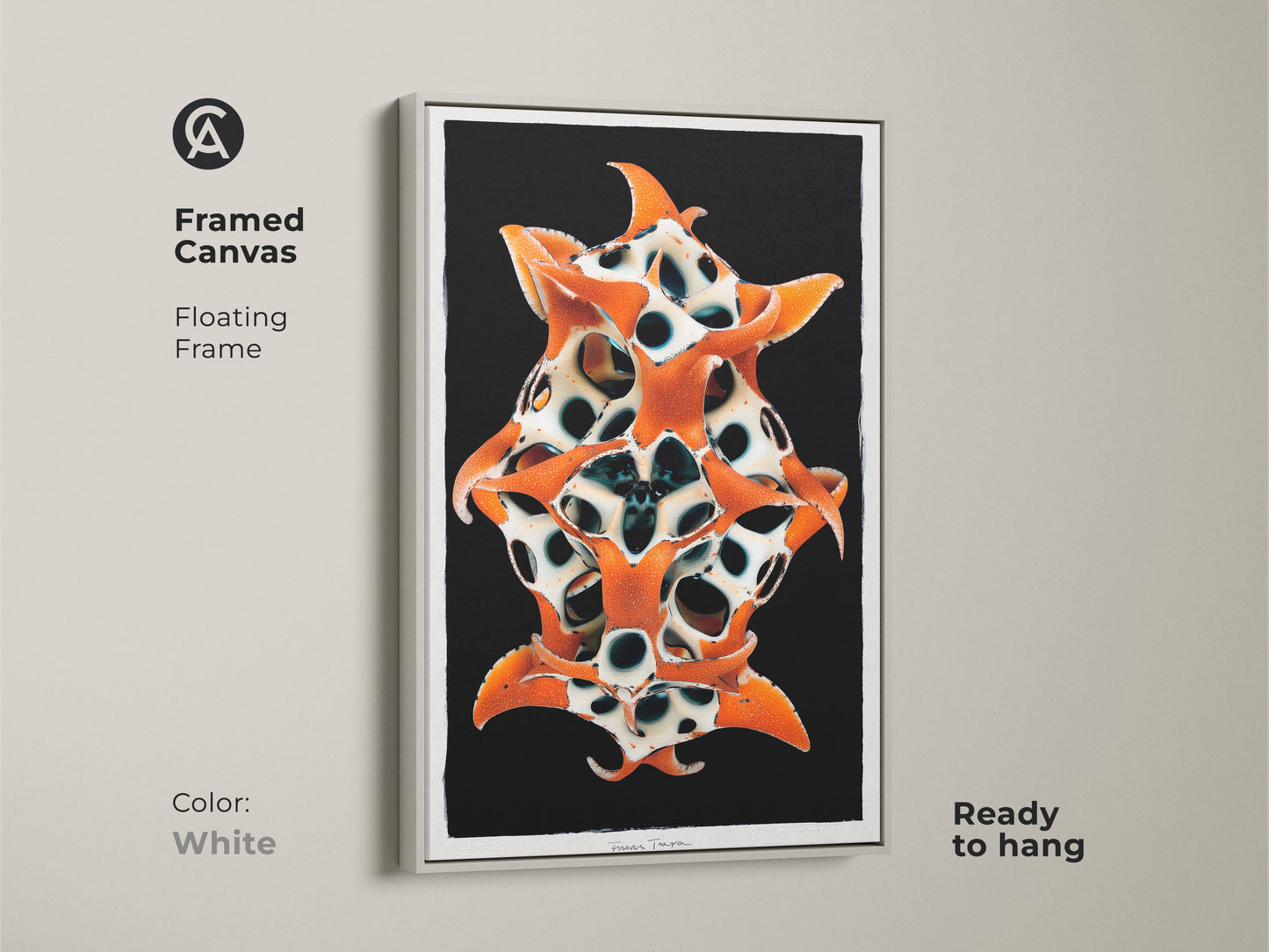 Framed Canvas with a floating frame in white. Biomorphic sculpture art adds a contemporary touch. The orange black white abstract print will enhance any room. This surrealist wall decor is easy to hang