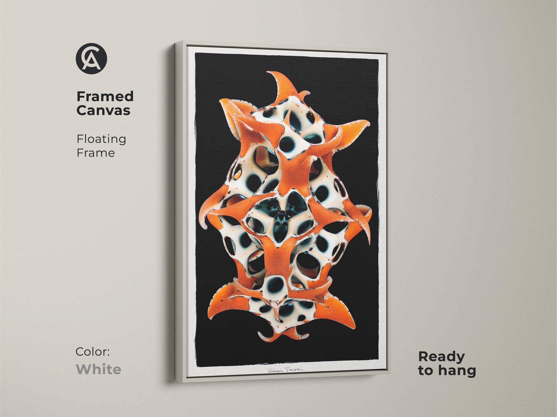 Framed Canvas with a floating frame in white. Biomorphic sculpture art adds a contemporary touch. The orange black white abstract print will enhance any room. This surrealist wall decor is easy to hang