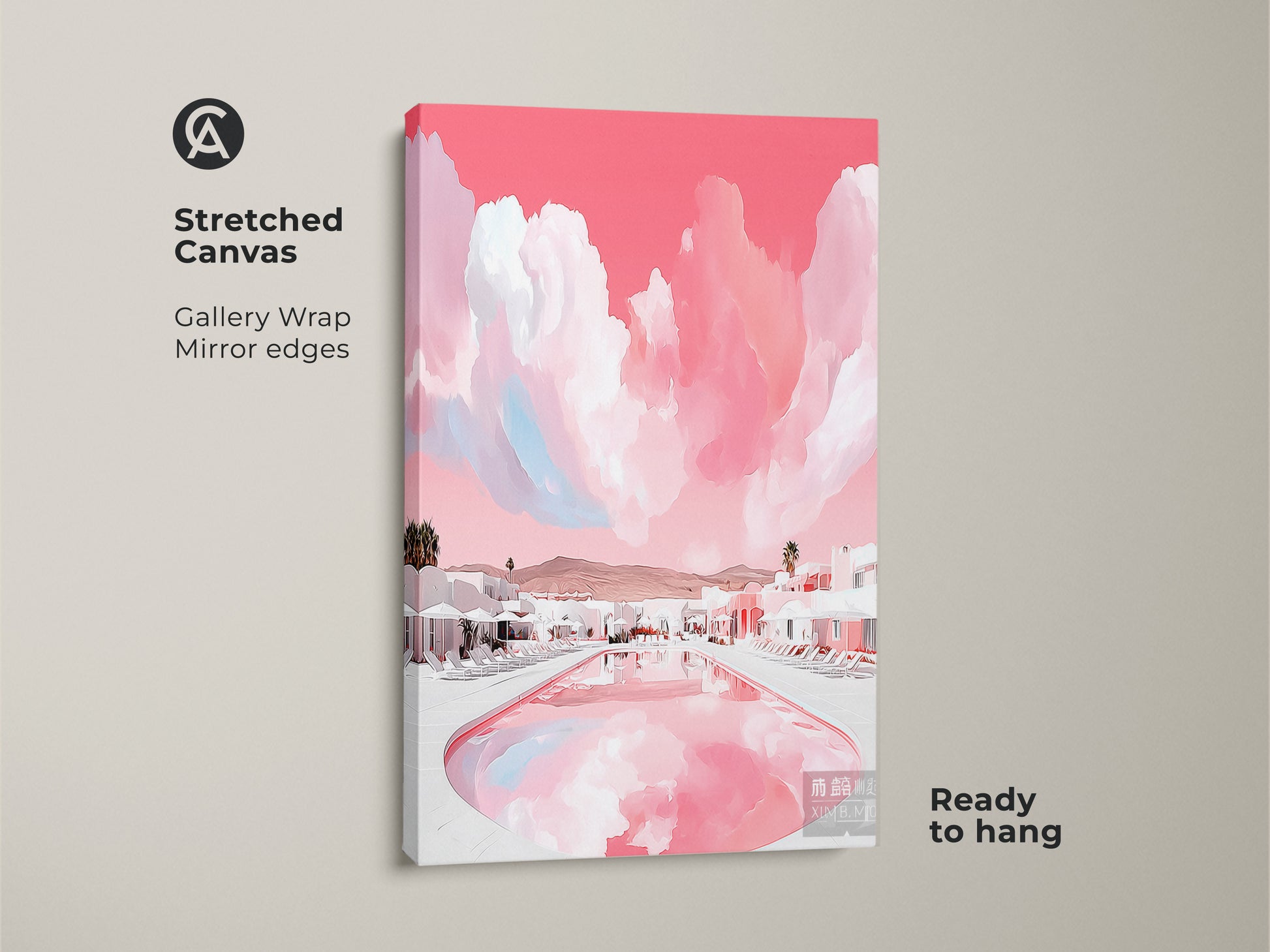 Stretched canvas print of a coral poolside wall art piece. This modern abstract landscape offers a gallery wrap with mirrored edges. The contemporary travel decor is ready to hang Luxury hotel art and vacation vibes.