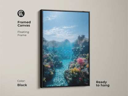 Framed canvas features underwater coral reef and fish artwork. A black floating frame enhances this deep blue ocean art. Ready to hang this coastal home decor print is serene.