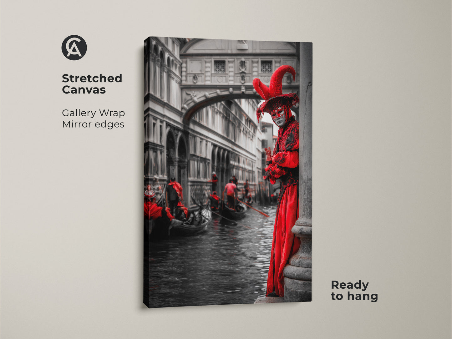 A gallery-wrapped canvas displays Venetian Masquerade artwork. The red carnival costume contrasts with the grayscale gondola canal scene. This Venice travel artwork has mirrored edges and comes ready to hang. It's perfect eclectic home decor.