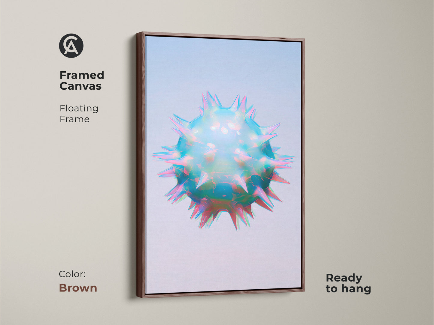 Brown framed canvas of holographic abstract cell art. This sci-fi geometric wall art features iridescent teal blue and pink colors. This contemporary abstract art is ready to hang.