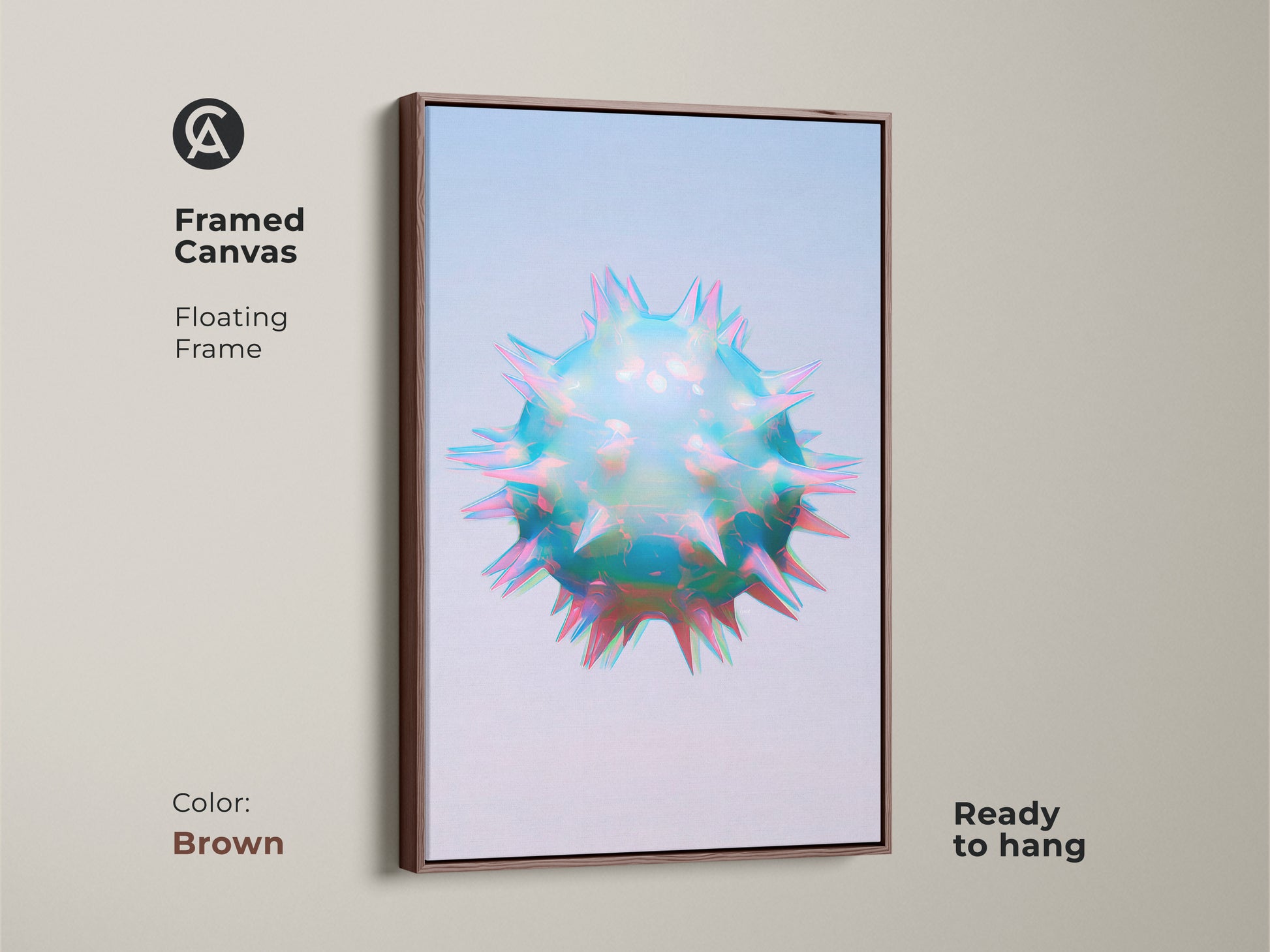 Brown framed canvas of holographic abstract cell art. This sci-fi geometric wall art features iridescent teal blue and pink colors. This contemporary abstract art is ready to hang.