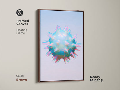 Brown framed canvas of holographic abstract cell art. This sci-fi geometric wall art features iridescent teal blue and pink colors. This contemporary abstract art is ready to hang.