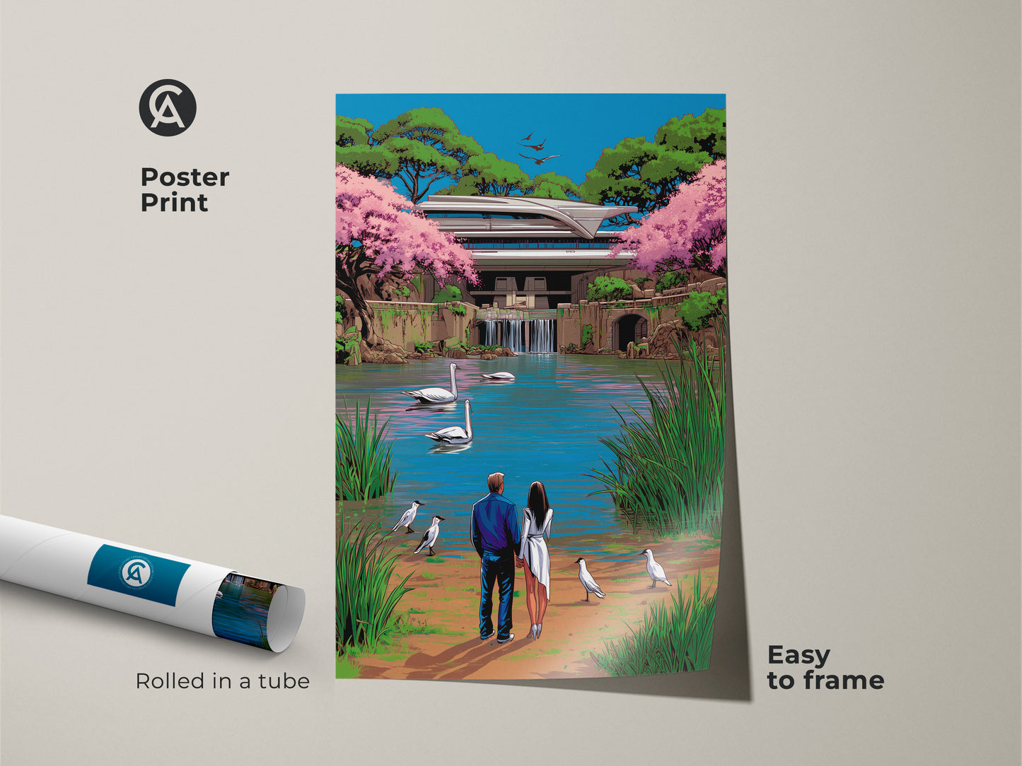 A poster print displays a romantic couple by a lake with swans. Surreal pop art blends with nature in blue green and pink tones. Easy to frame this artwork is a great anniversary gift idea. Perfect for adding an eclectic touch to any room.