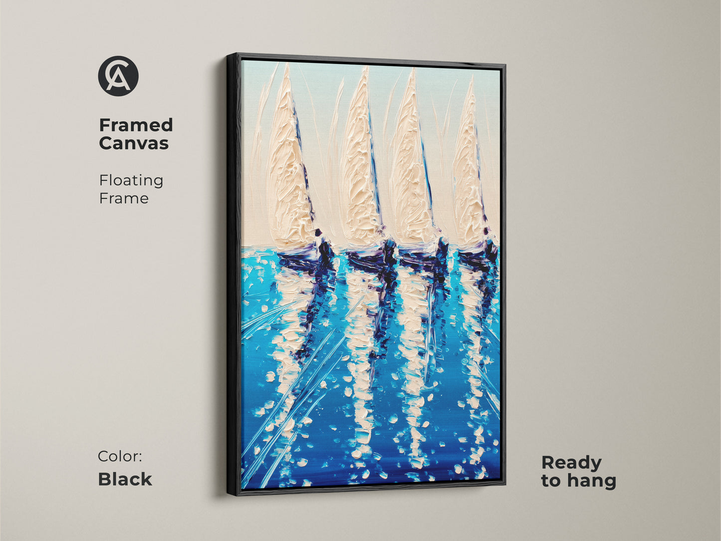 Black framed canvas featuring a sailboat painting. This coastal ocean wall art decor piece is ready to hang. Displaying deep blue nautical artwork with an impressionistic style. An artistic ocean canvas adding nautical charm to any space. A perfect housewarming gift.