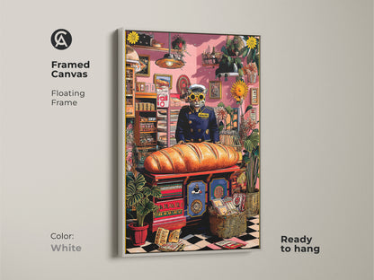 A framed canvas Cat Baker Art Print with a white floating frame. This artistic kitchen poster is ready to hang. It features a surreal cat baker in an orange and yellow kitchen. It makes a funny cat lover gift.