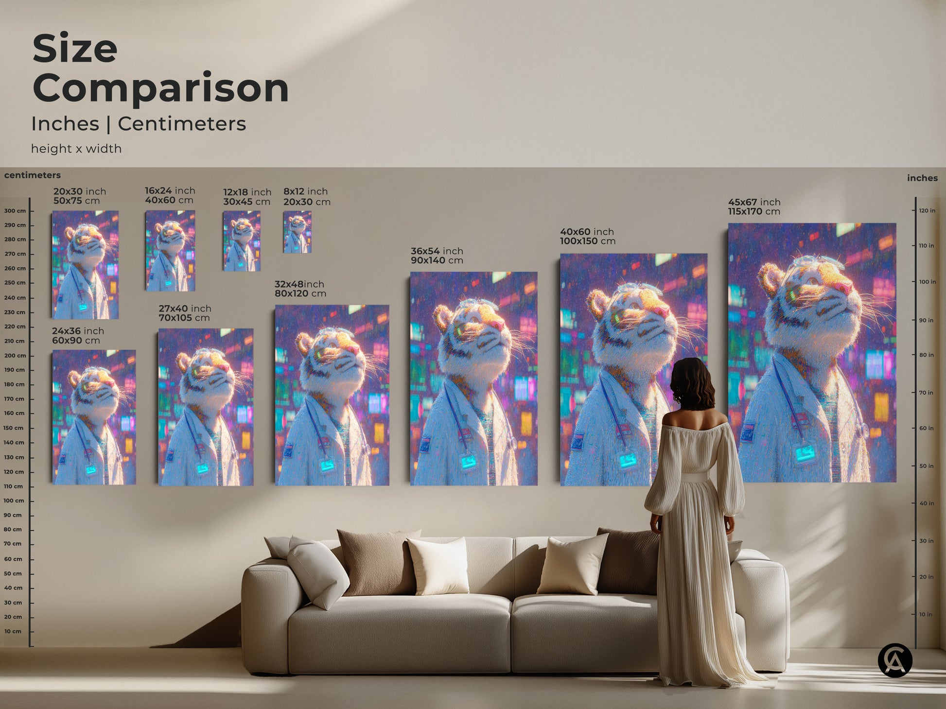 Size comparison of wall art featuring a tiger doctor. Options include canvas and poster prints. See how the art looks above a couch. Find the perfect size. Buy this art today.