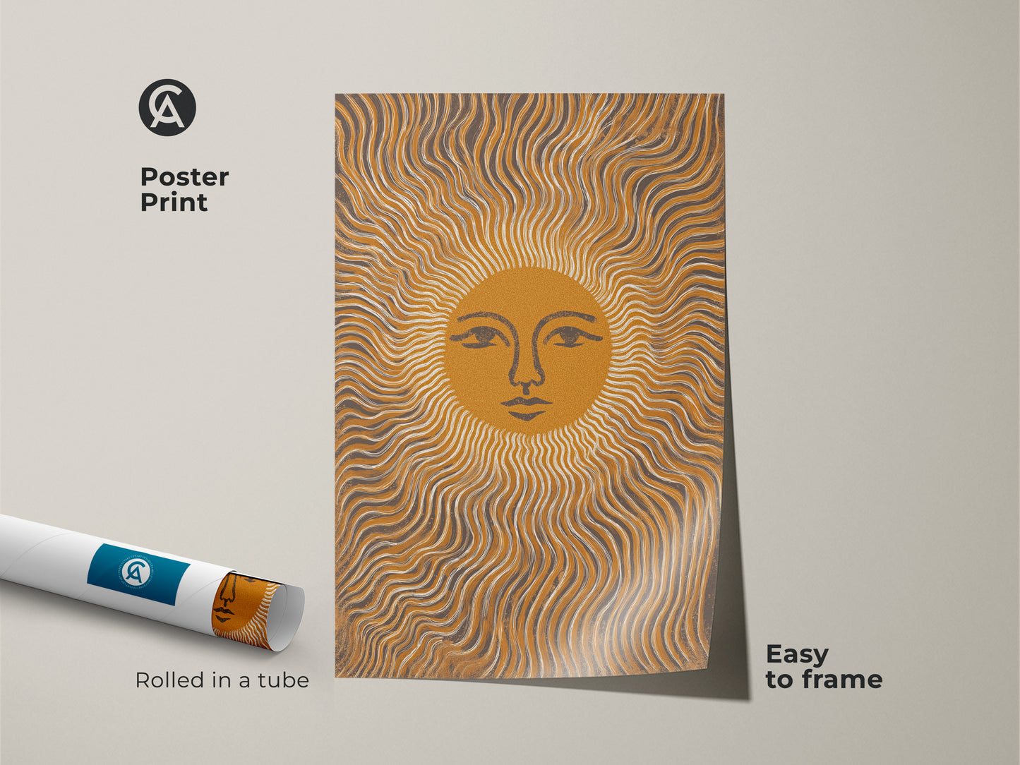 Poster Print Abstract Sun Face with wavy lines. This rolled art arrives in a tube. Its Mustard Yellow and Gray palette embodies a Boho Minimalist style. Easy to frame this celestial artwork adds warmth to any room. A perfect housewarming gift.