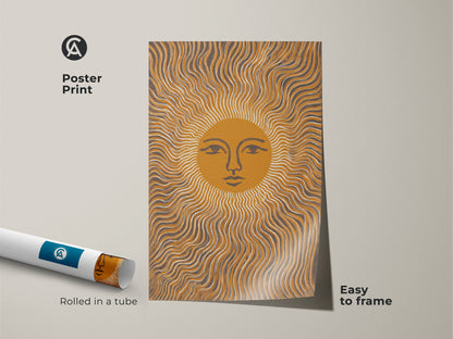 Poster Print Abstract Sun Face with wavy lines. This rolled art arrives in a tube. Its Mustard Yellow and Gray palette embodies a Boho Minimalist style. Easy to frame this celestial artwork adds warmth to any room. A perfect housewarming gift.